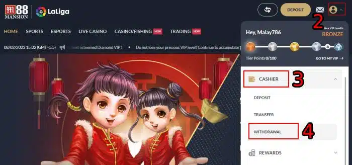 Step 1: Access M88, Log In, and Visit the Withdrawal Section